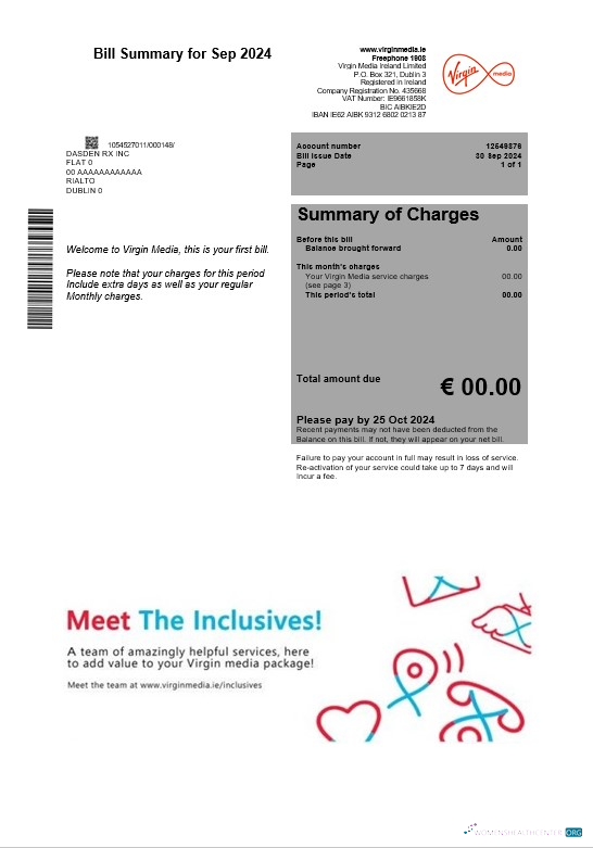 Ireland Virgin Media business utility bill template in Word and PDF formats, version 2